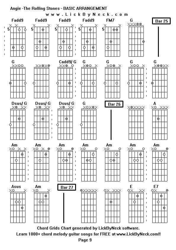 Chord Grids Chart of chord melody fingerstyle guitar song-Angie -The Rolling Stones - BASIC ARRANGEMENT,generated by LickByNeck software.